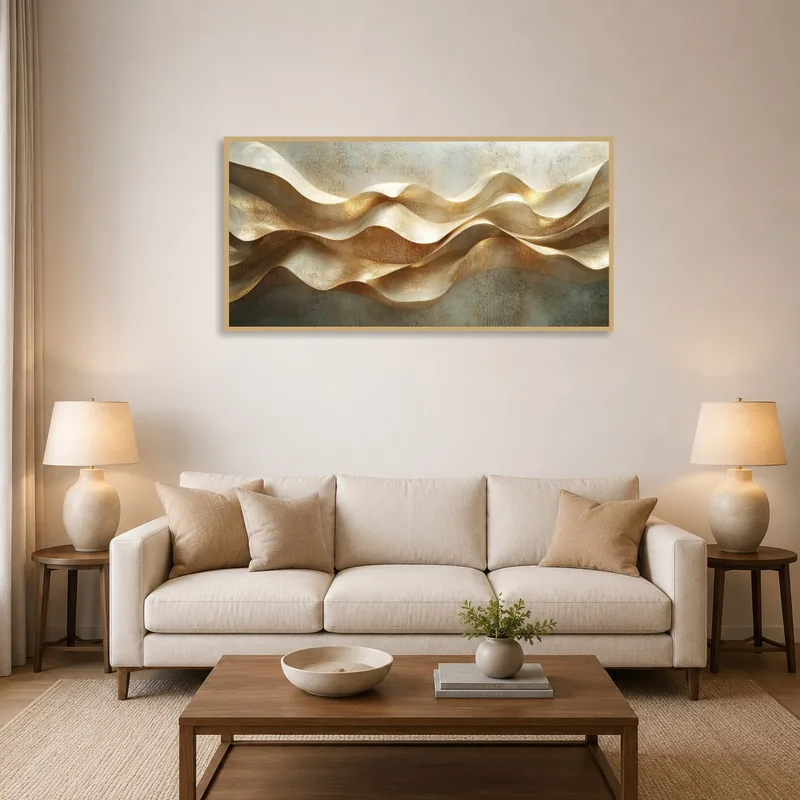 Panoramic art print with golden abstract waves on the living room wall above a sleek sofa.