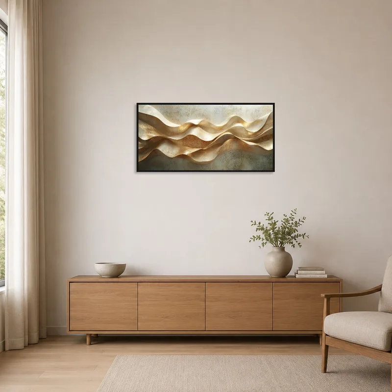 Golden abstract waves art print on a minimalist room wall with clean lines and neutral colors.