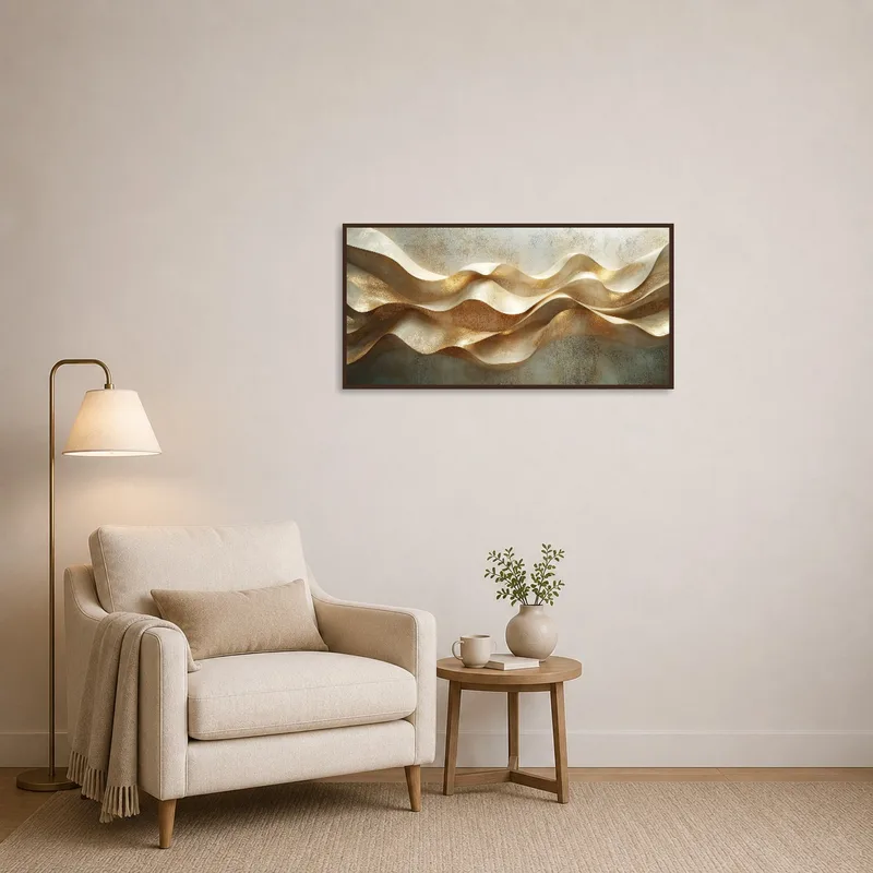 Golden abstract waves print adorns the wall of a cozy reading corner with a comfy chair.