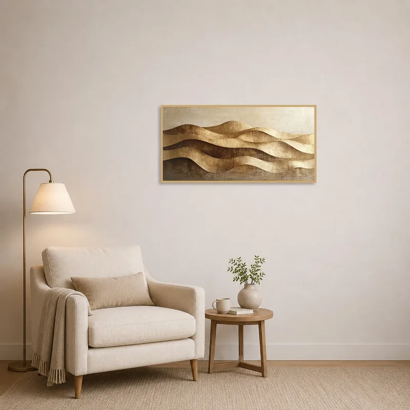 Golden wave-themed art enhancing a cozy reading corner.