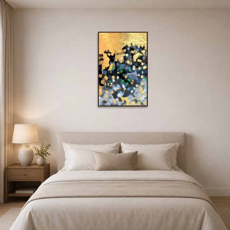 Gorgeous abstract design creates a soothing bedroom ambiance.