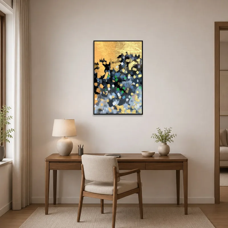 Bold gold artwork provides inspiration in a home office.