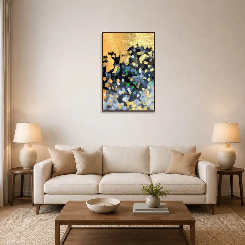 Bold brushstroke art adds warmth to a modern living room.