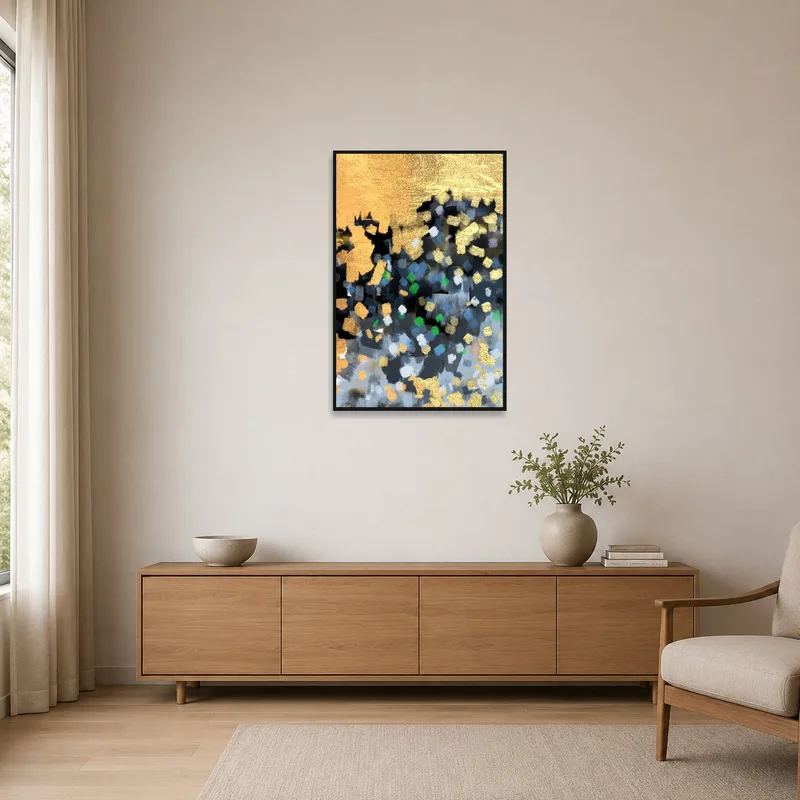 Golden abstract piece brings elegance to a minimalist space.