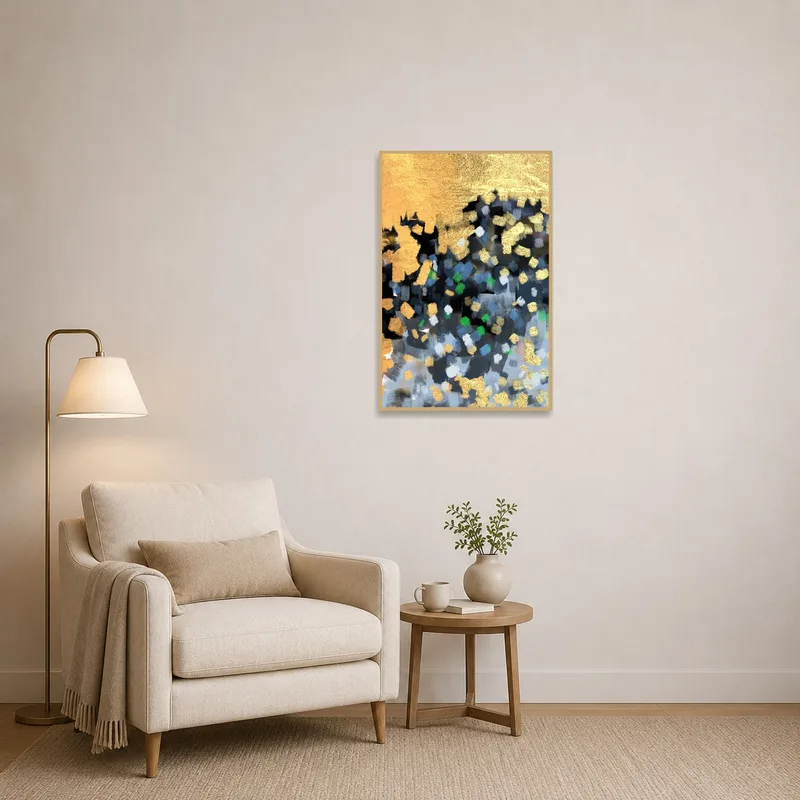 Striking golden art energizes a cozy reading corner.