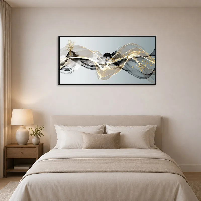 Soothing golden wave art complements a tranquil bedroom.