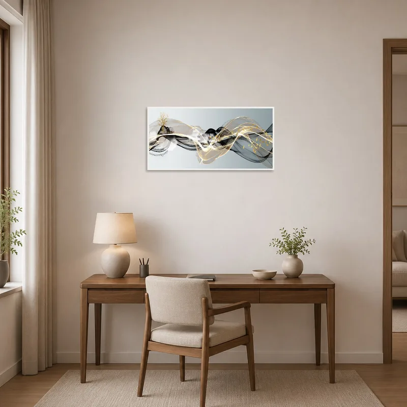 Inspiring abstract waves adorn a productive home office wall.