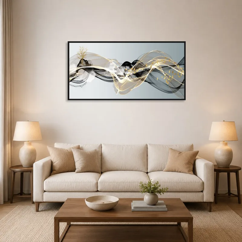 Golden waves artwork adds elegance above a modern sofa.