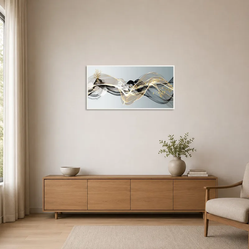 Abstract waves with gold highlights in a minimalist setting.