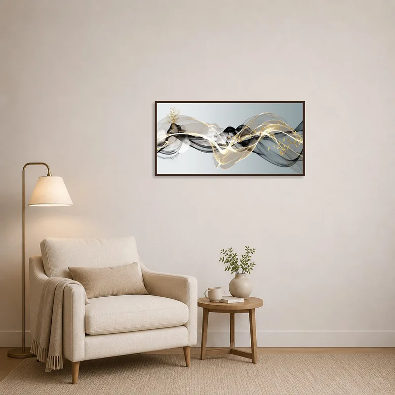 Warm abstract waves enhance a cozy reading corner.