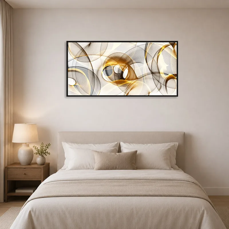 Golden and black abstract swirl piece adds elegance above a bedroom headboard.
