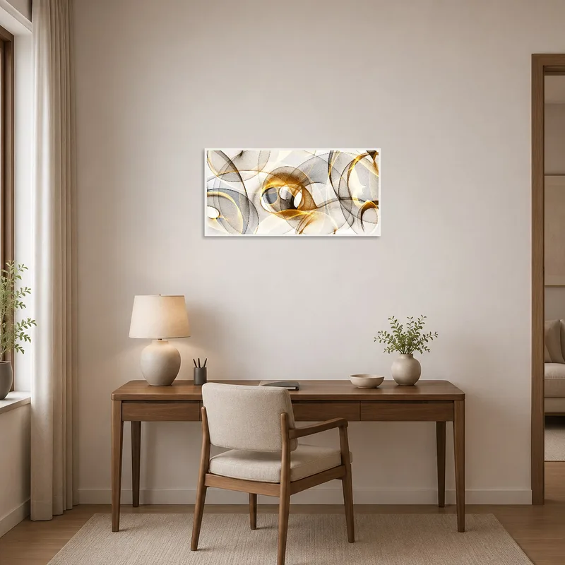 Golden and black abstract swirl artwork brightens a sleek, modern home office space.