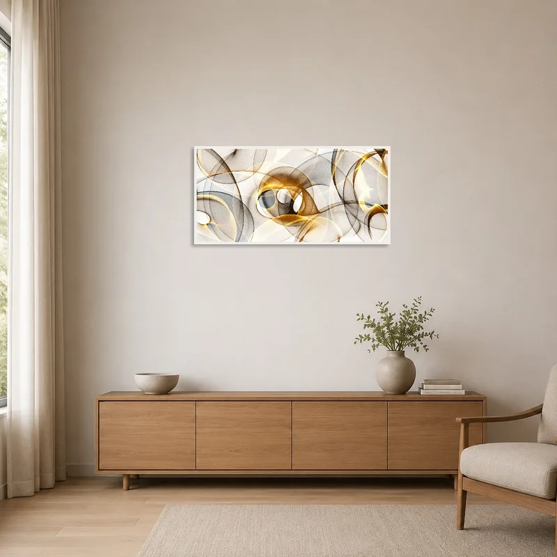 Golden and black abstract swirl piece in a minimalist room with clean, white walls.