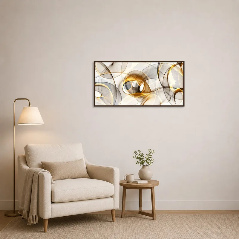 Golden and black abstract swirl artwork enhances a cozy reading corner atmosphere.