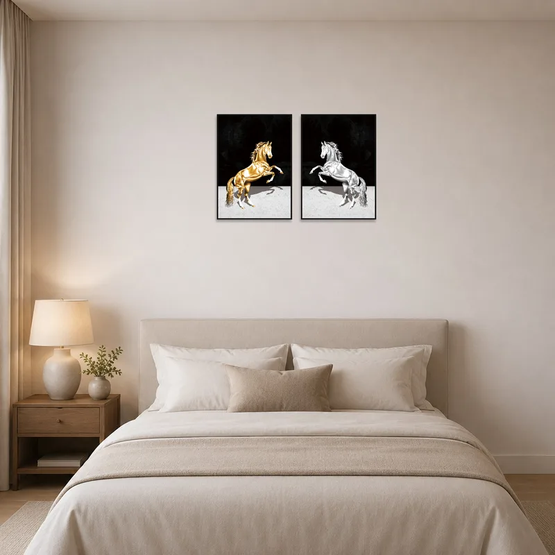 Golden and silver horse art creates a serene atmosphere in a stylish bedroom.