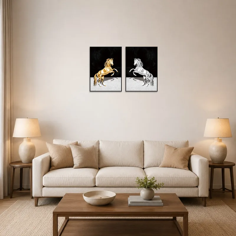 A golden and silver horse art set displayed above a modern living room sofa.
