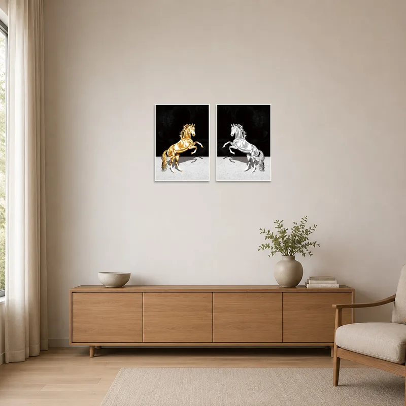 A golden and silver horse art set in a minimalist room with sparse furnishings.