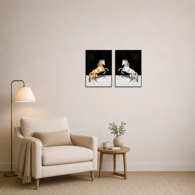 A cozy reading corner featuring a duo art set of golden and silver horses.
