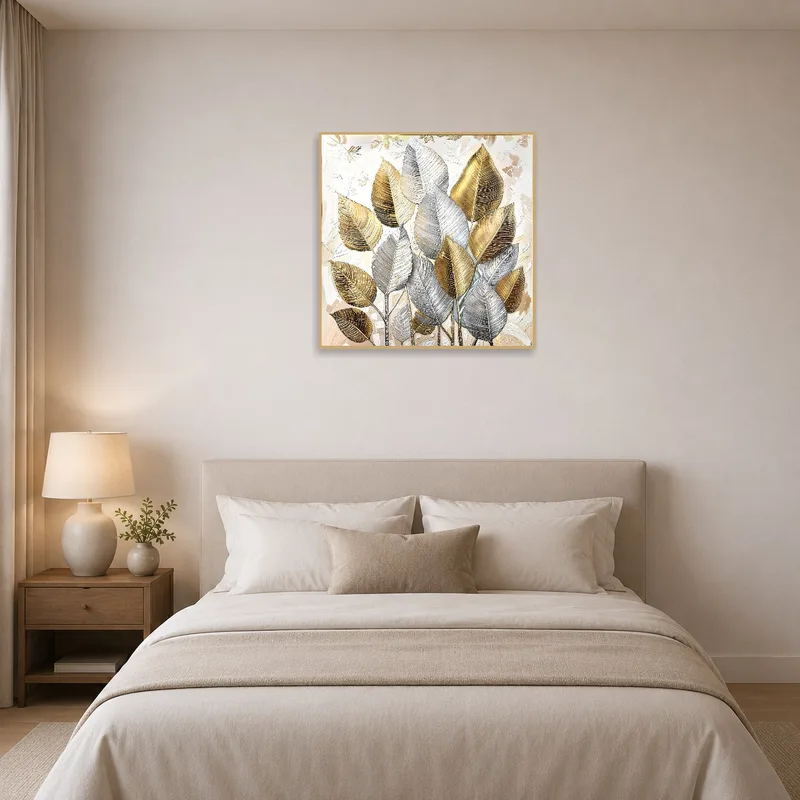 Botanical print brings a sense of tranquility to a restful, softly lit bedroom.