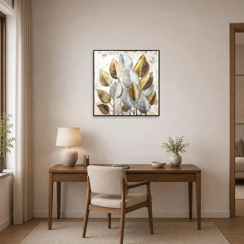 Golden and silver leaves art enhances the calm, focused ambiance of a home office.