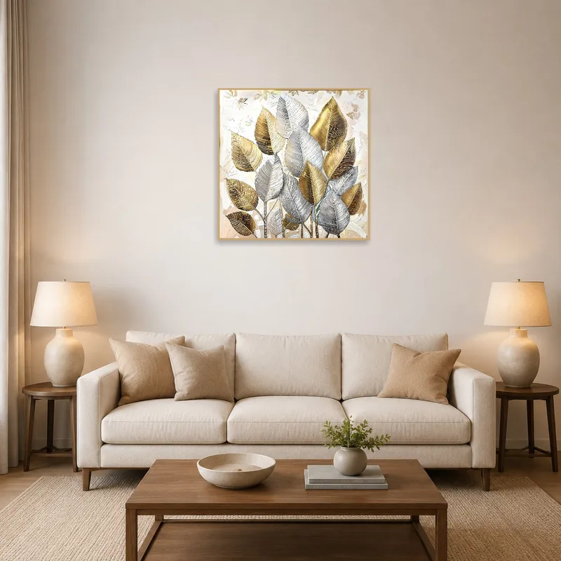 Golden and silver leaves print displayed above a modern sofa in a cozy living room.