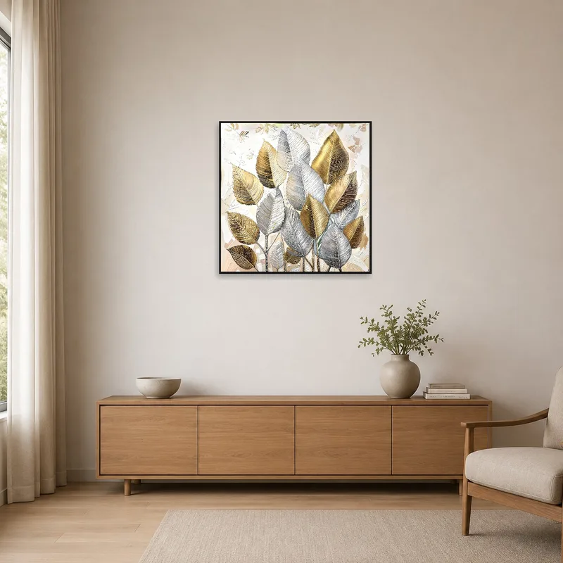 Botanical print adds a touch of nature to the crisp, clean lines of a minimalist space.