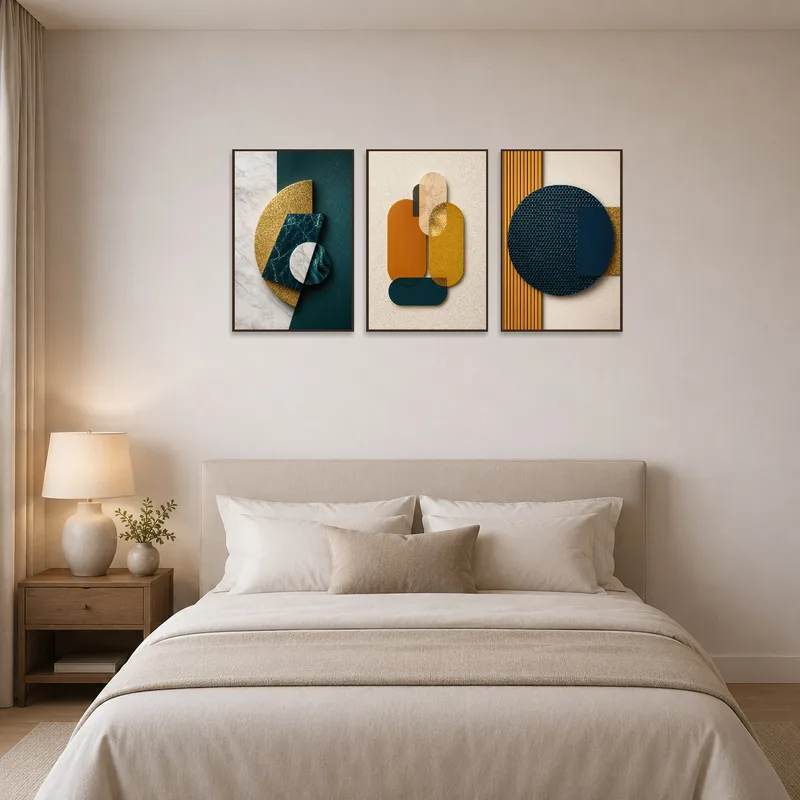 Golden and teal geometric shapes triptych set adds elegance to the bedroom.