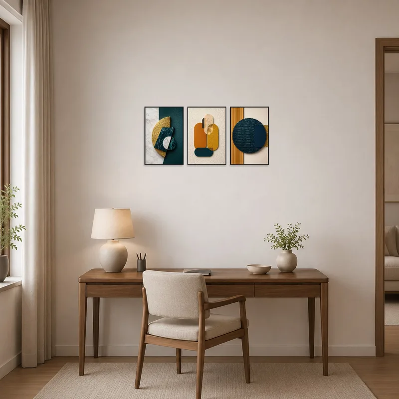 Stylish golden and teal geometric shapes triptych set in the home office.