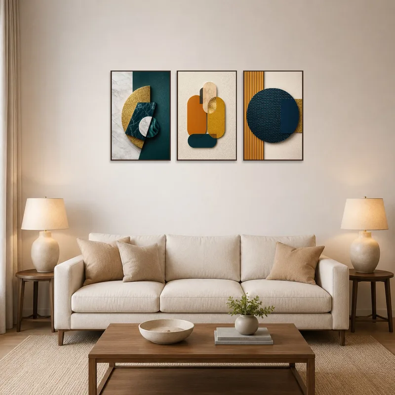 A triptych set with golden and teal geometric shapes on the living room wall.