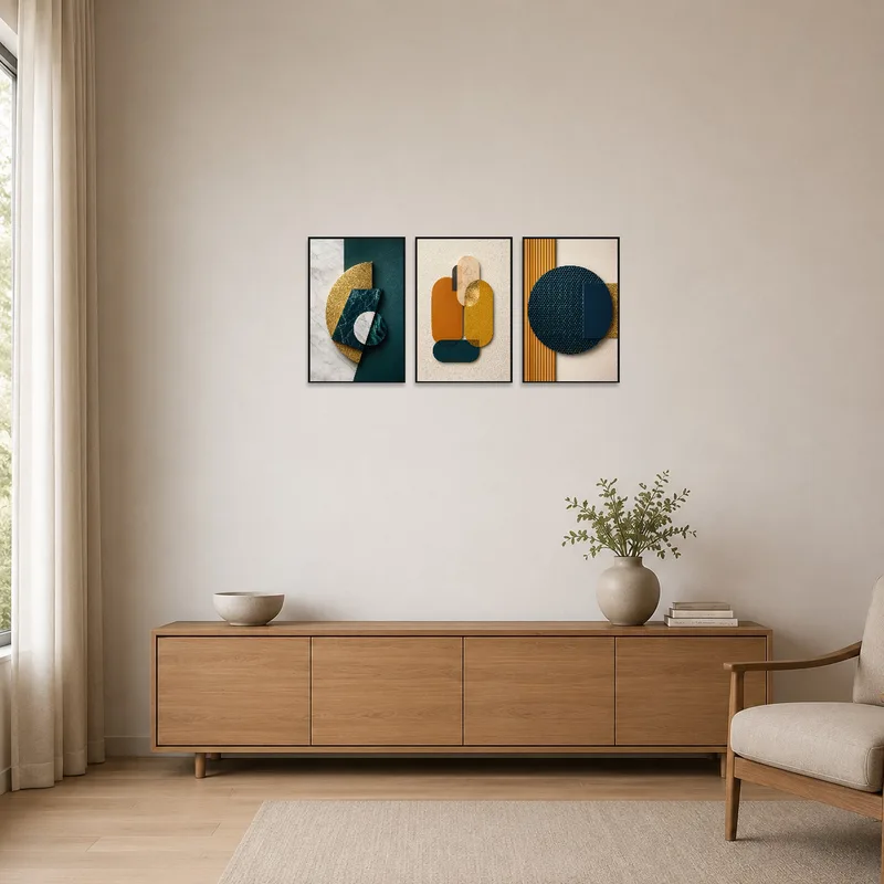 Golden and teal geometric shapes triptych in a minimalist-style room.