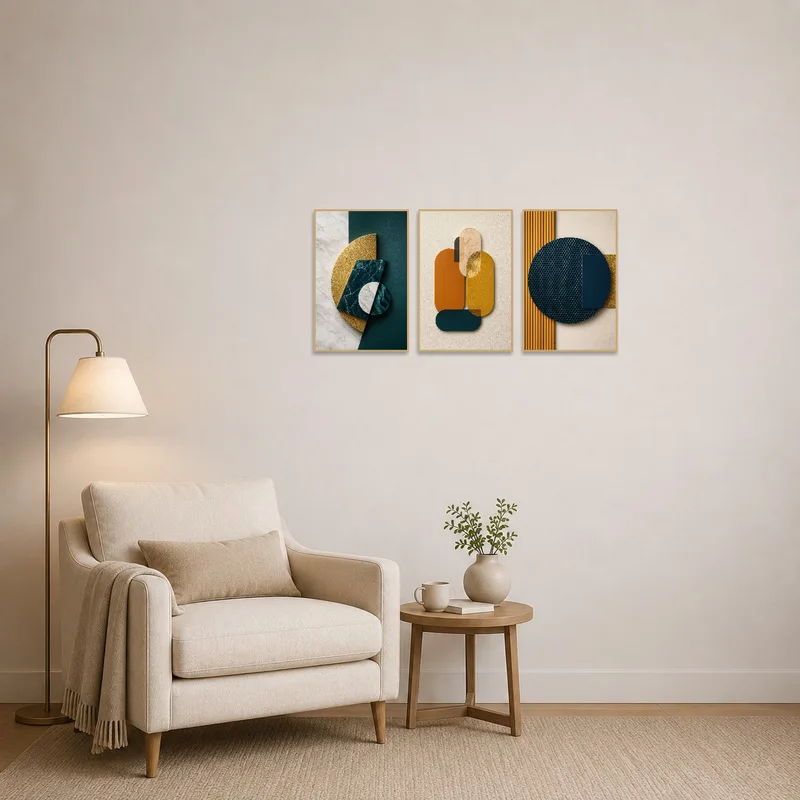 Triptych set featuring golden and teal geometric shapes in a cozy reading corner.