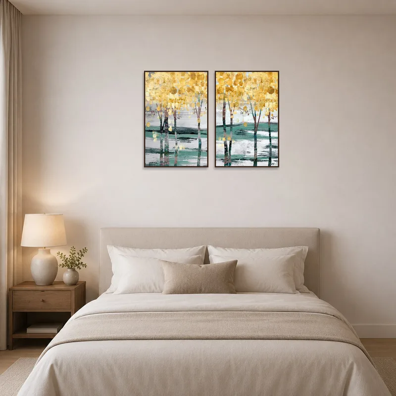Golden abstract trees create a serene atmosphere in a peaceful bedroom.