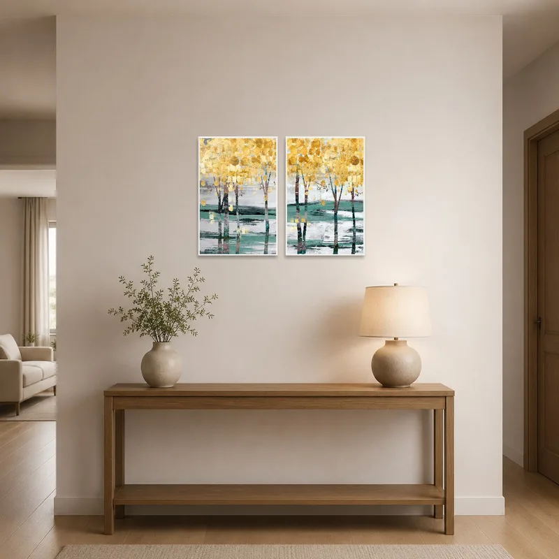 Golden autumn tree set welcomes visitors in an elegant entrance hall.