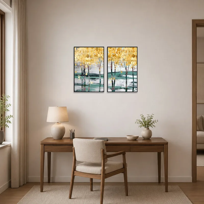 Adds a touch of nature-inspired art to a focused, serene home office space.