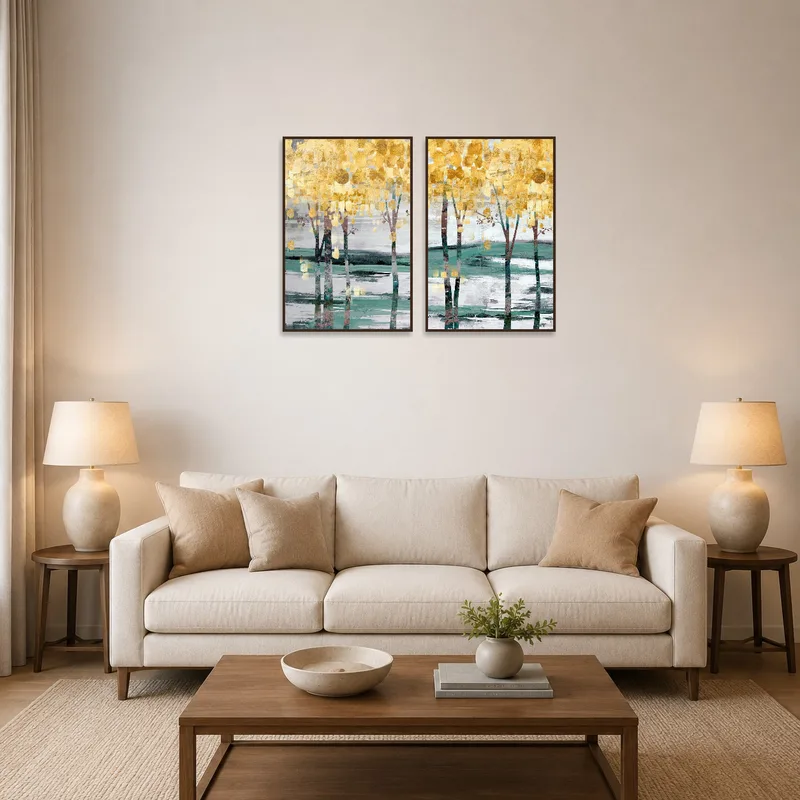 Golden autumn abstract tree set adorns a cozy, well-lit living room wall.