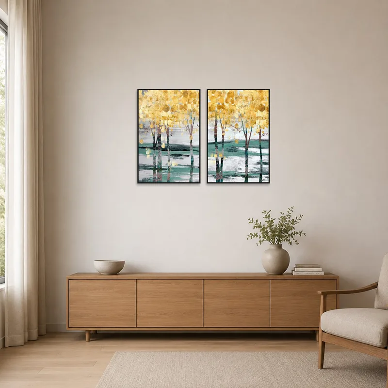 The set complements the clean lines of a minimalist room with warm earth tones.