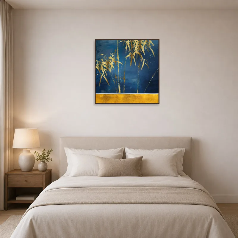 Elegant bamboo art piece adorns a bedroom wall, complementing soft, neutral bedding.