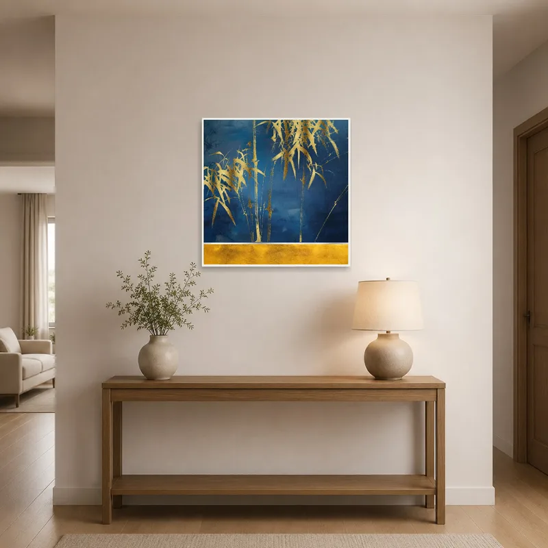 A striking bamboo piece welcomes guests in an entrance hall with polished flooring.