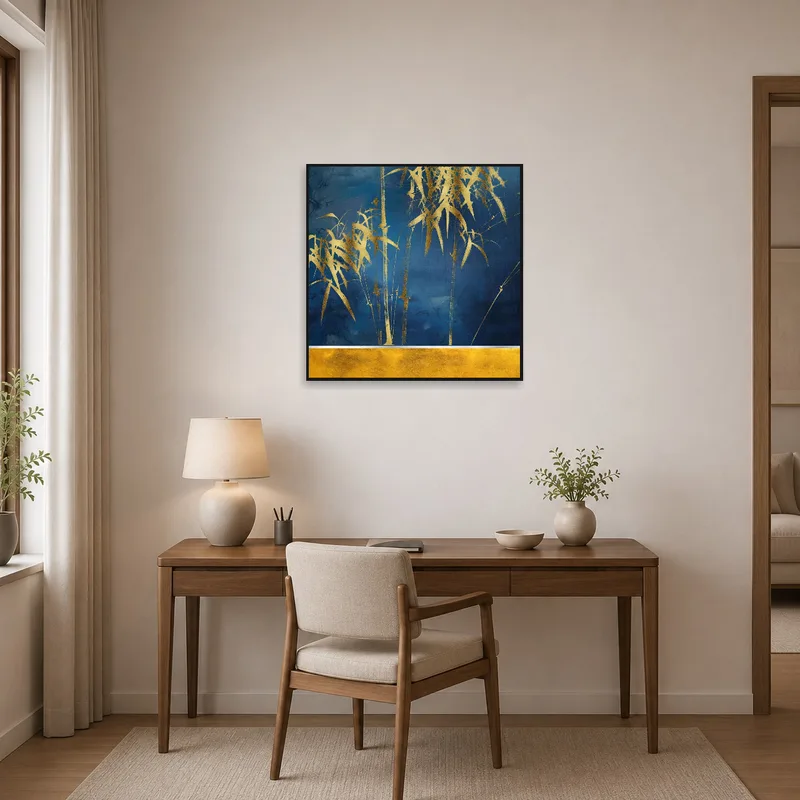The bamboo artwork inspires creativity in a home office with a tidy desk setup.