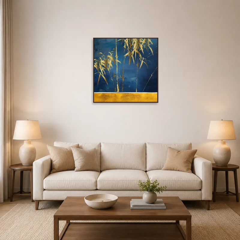 A bold golden bamboo painting hung in a sophisticated living room with plush seating.