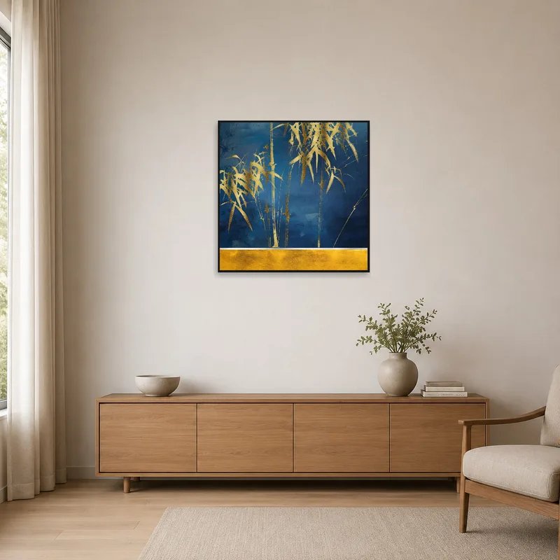 Golden bamboo art accentuates a minimalist space with sleek furniture and clean lines.