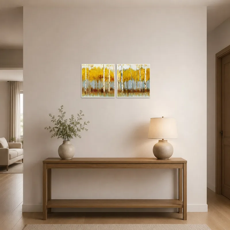 Golden birch forest art set greeting guests in an entrance hall.