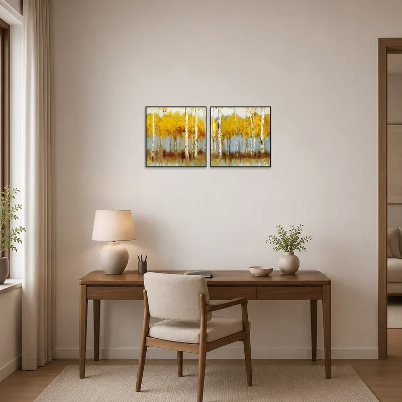 Golden birch forest art set inspiring creativity in a home office.