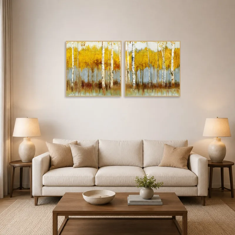 Golden birch forest art set on living room wall above a modern sofa.
