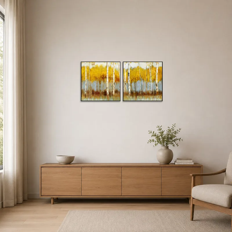 Golden birch forest art set in a minimalist room with simple furnishings.