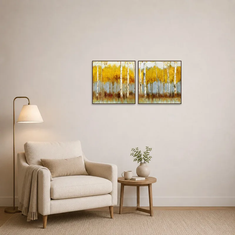 Golden birch forest art set adds nature to a cozy reading corner.