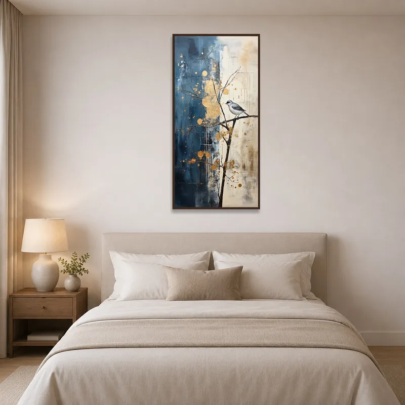 Golden bird art enhancing relaxation in a serene bedroom.
