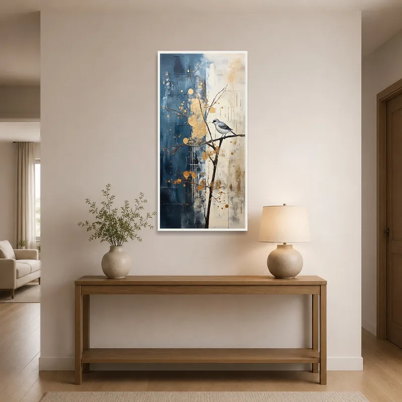 Golden bird piece welcoming guests in a chic entrance hall.