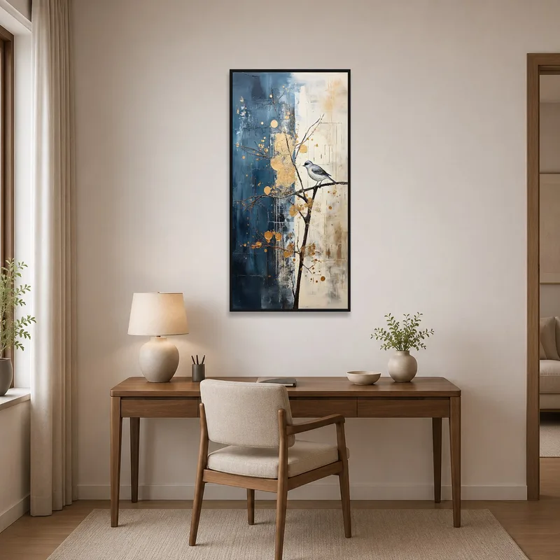 Golden bird piece inspiring creativity in a home office.
