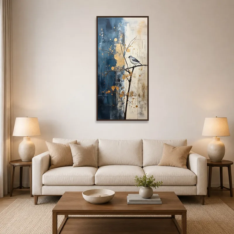 Golden bird art above a modern sofa in a stylish living room.